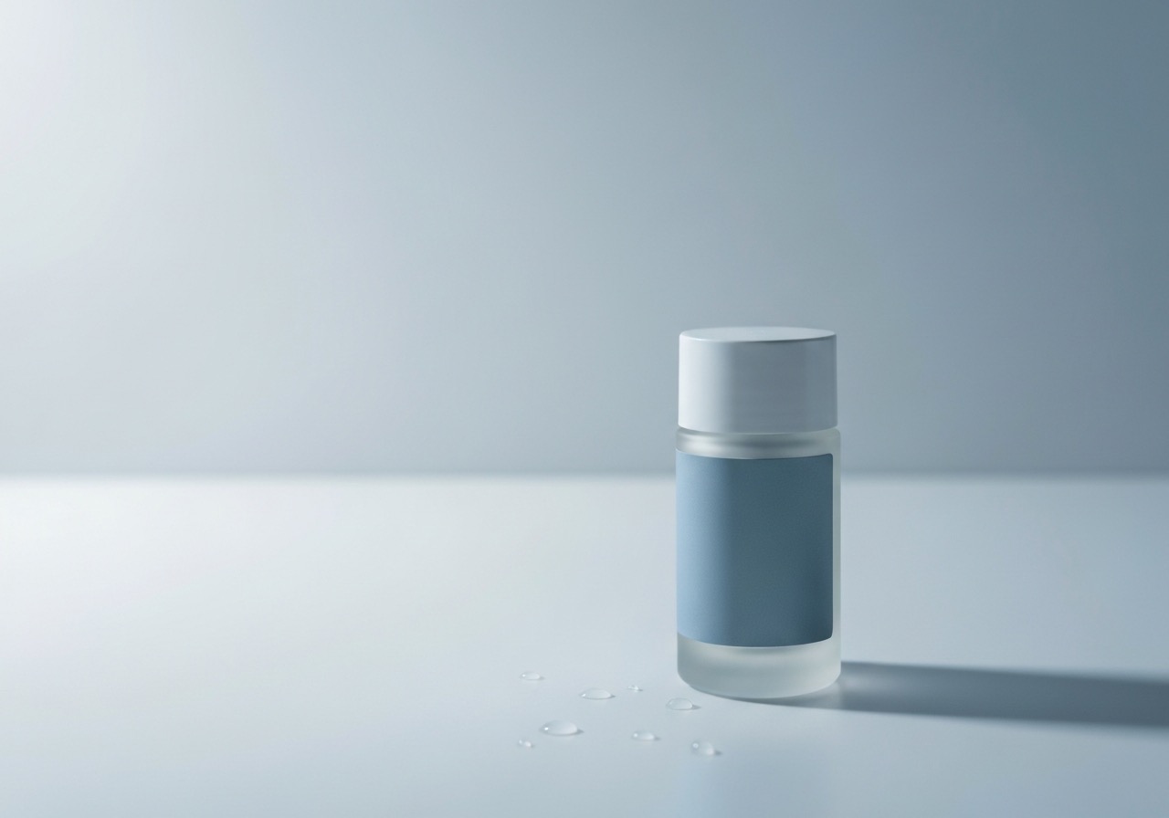A frosted glass Halo serum on a porcelain surface in soft clinical light
