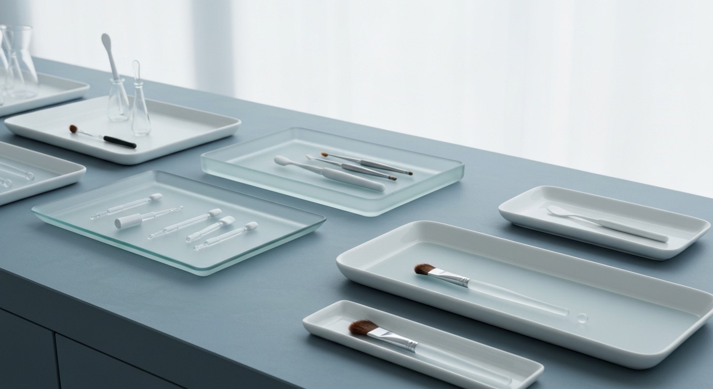 The Halo formulation lab, porcelain trays and frosted glassware in cool light